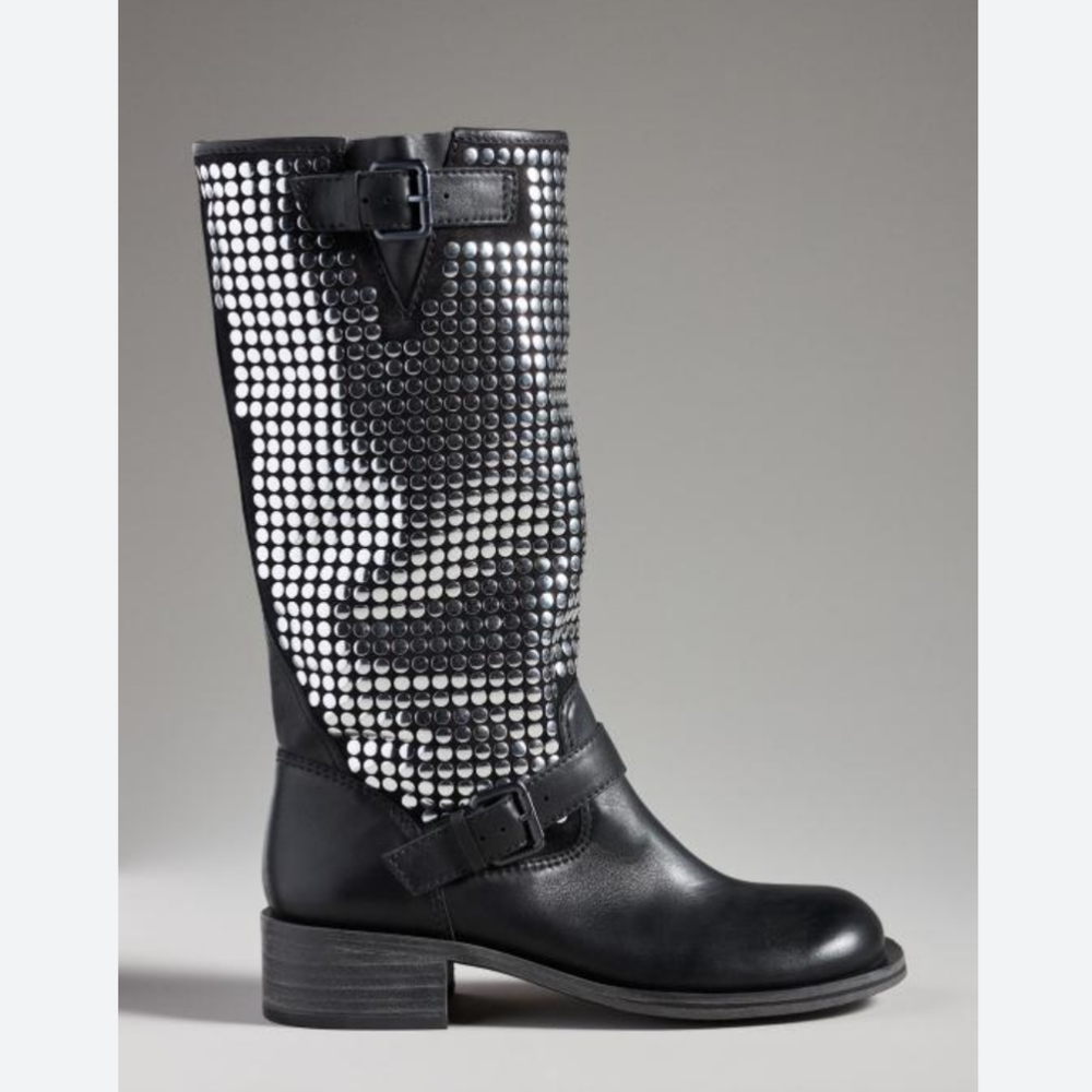 Anthropologie Vicenza Silver Studded Black Leather Rocker Chic Style Moto Boot - Picture 1 of 9